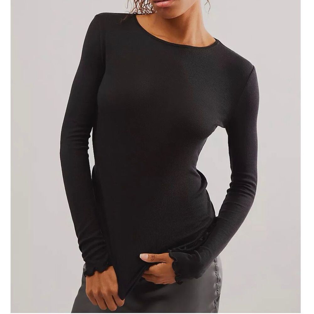 Intimately Free People Long Nights Crew Neck Layering Top Black Medium NWOT